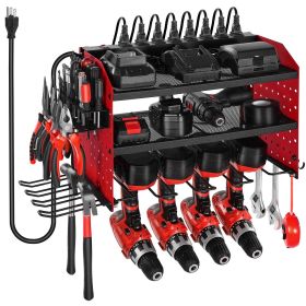 Power Tool Organizer with Charging Station, 3-Layer Drill Storage Rack with 4 Drill Holders & Side Pegboard