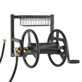 Wall Mounted Garden Hose Reel 125ft 5/8 in Hose Holder Brass Fitting & Basket