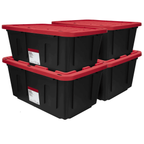 Large Storage Bin, 27 Gallon Plastic Storage Container with Snap-On Lid, Black and Red 4Pack